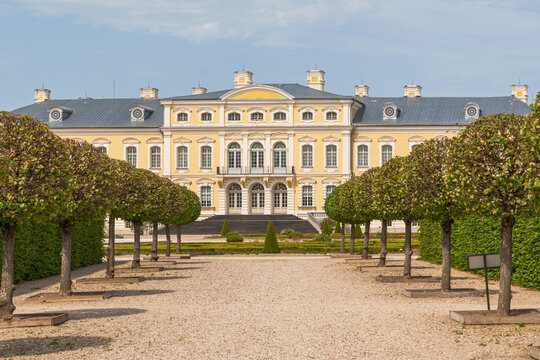 An alley with round trees and a sandy path leading to the large Rundale Castle in Latvia