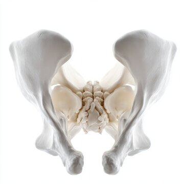 detailed anatomical view of human pelvis and hip bones isolated on white background, orthopedic reference image