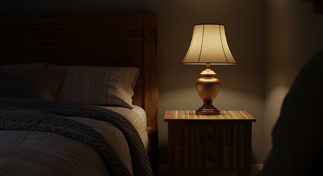Cozy Bedroom Interior Featuring Warm Lighting Next To A Simple Nightstand And Bed