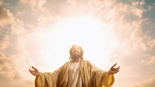 Romantic love theme for Valentines Day. A man in a white and cream colored robe, with his arms outstretched, standing against a backdrop of a sky with clouds illuminated by the sun.