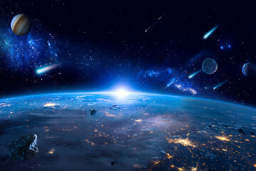 Obraz premium Stunning View of Earth from Space with Planets and Stars.