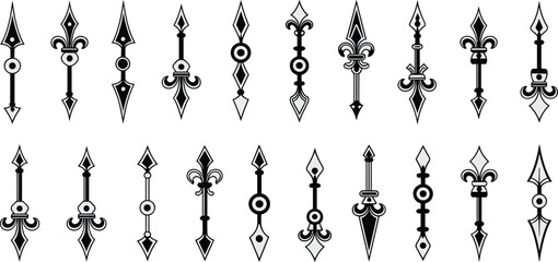 Collection of vintage black and white clock hands, decorative fleur de lis pointers, and antique watch needles isolated on white, vector. © MDMOSTAFIZUR