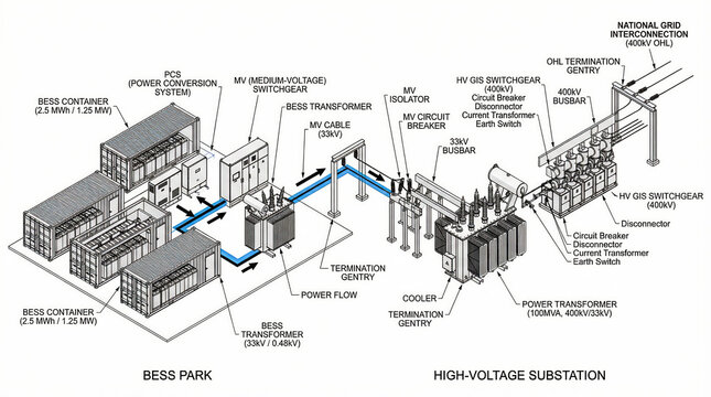 3D Technical Schematic of BESS Park Connection to High Voltage Transformer Substation.