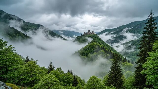 Ancient castle on a forested mountain peak amidst misty valleys