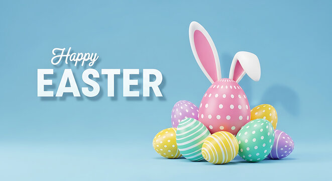 Modern Happy Easter Poster with 3D Pastel Eggs and Cute Rabbit Ears on Clean Blue Background