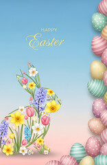 Modern Happy Easter Poster with 3D Pastel Eggs and Cute Rabbit Ears on Clean Blue Background