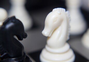 Chess pieces on the chess board black and white strategy business concept photo knight figure close up	
