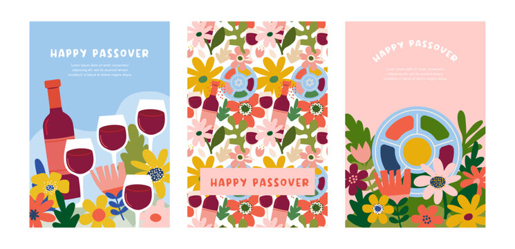 Passover Greeting Card set. Happy Passover Jewish Holiday Design with Spring Flowers, Seder Plate, Traditional Pesach Celebration. Flat Vector Illustration.