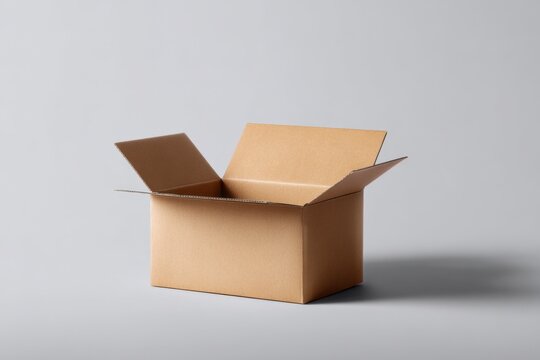 Open cardboard box brown corrugated packaging empty on gray background studio minimal simple tabletop product staging for shipping storage and moving