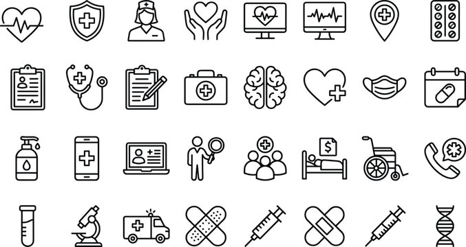 Medical and healthcare icon set, heart monitor, nurse, stethoscope, syringe, DNA, first aid, diagnostics, protection, treatment, medicine