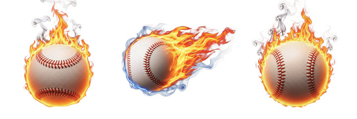 Set of Baseball Balls on Fire with Realistic Orange Flames and Smoke Isolated on White Background © muhammad