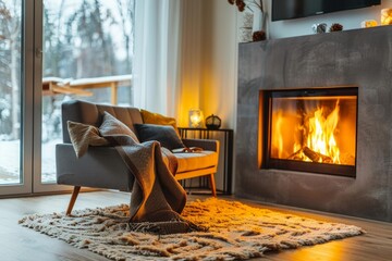 Naklejka premium Warm and cozy living room with burning fireplace and comfortable sofa in winter