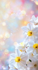 Obraz premium Festive banner with spring flowers, white daffodils. Pastel background. Bokeh.