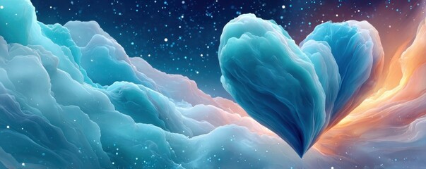 Fototapeta premium Blue heart shaped ice fractal in a starry sky symbolizing love and wonder