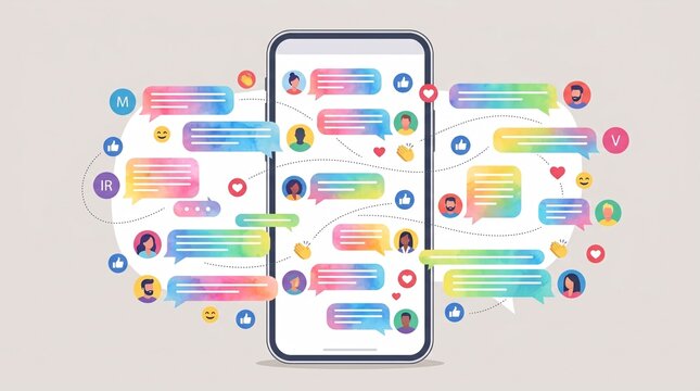 Messaging Application on Smartphone Screen Showing Colorful Chat Bubbles and Social Interactions
