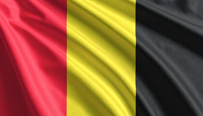 Fototapeta premium Vertical tricolor flag with black, yellow, and red stripes representing Belgium.
