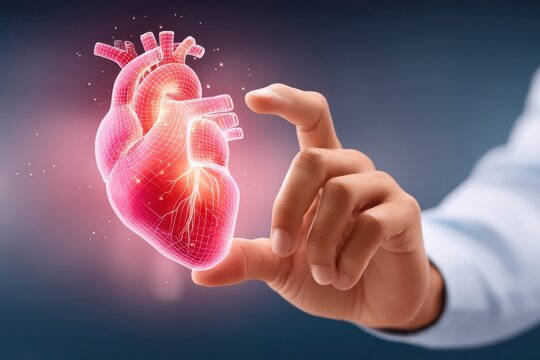 Hand holding a glowing digital heart illustration, symbolizing health, care, and medical innovation