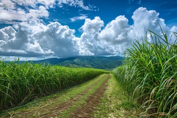 Naklejka premium Vibrant sugarcane plantation thrives under dramatic cloudscape, offering scenic view of agricultural landscape