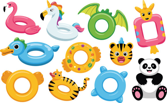 Set of cute inflatable swimming pool floats in fun animal shapes like flamingo, unicorn, dragon, duck, panda, and tiger. Summer fun, water toys, and vacation.