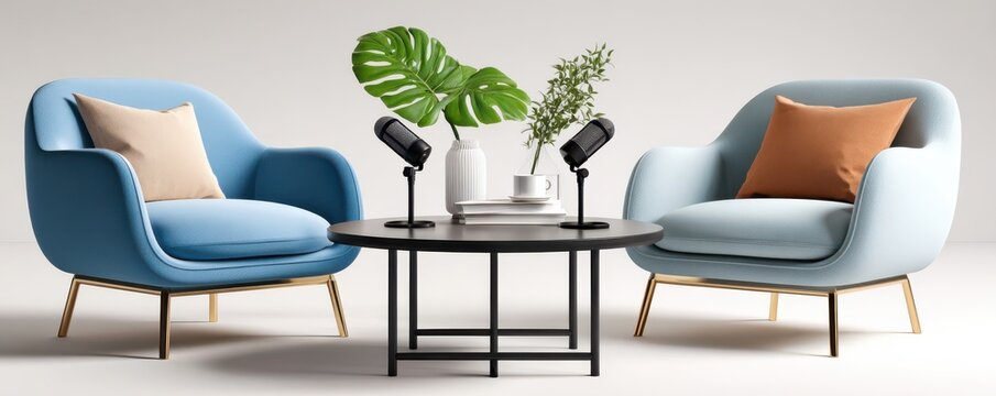 Modern podcast interview setup with two blue lounge chairs and round black table with microphones