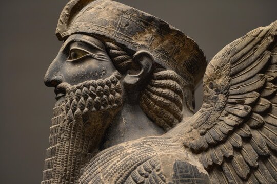 Profile view of an ancient lamassu sculpture, a protective deity with a human head, bull's body, and eagle's wings, showcasing intricate mesopotamian art