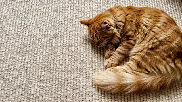 Peaceful ginger cat rests on a cozy textured rug.