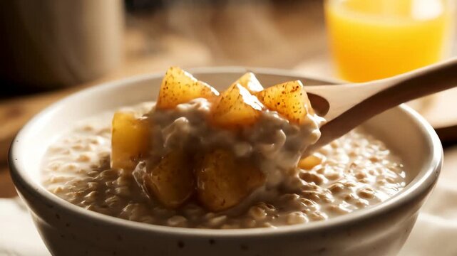 Close up oatmeal dish with apple compote and wooden spoon