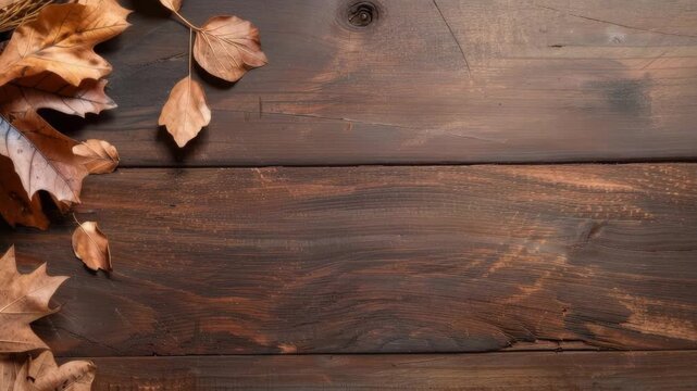 A rustic wooden table displays dry leaves scattered across its surface. The setting captures an autumn vibe with earthy tones and natural elements. The wooden texture adds warmth