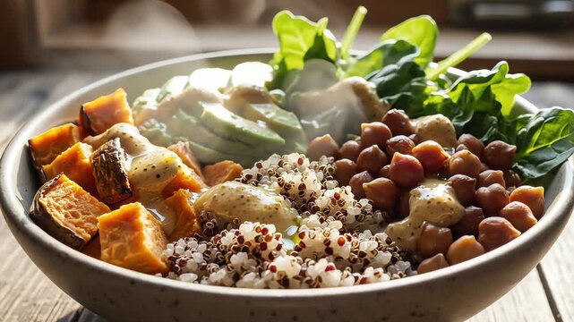 Close up of a colorful and healthy vegan food bowl with various ingredients