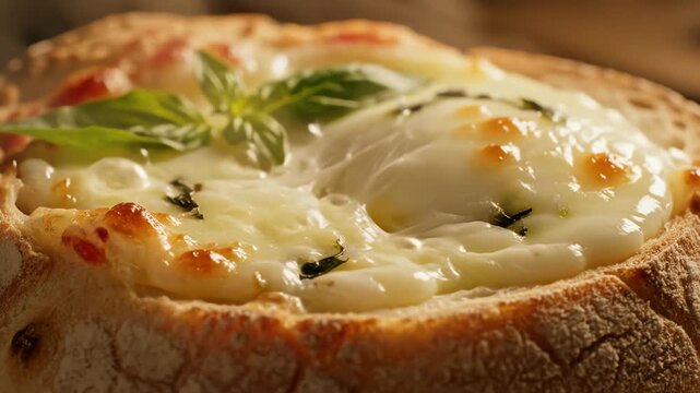 Close up of baked bread bowl with cheese and basil