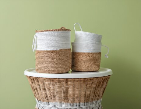 Rattan baskets placed on a wicker table next to a green wall.