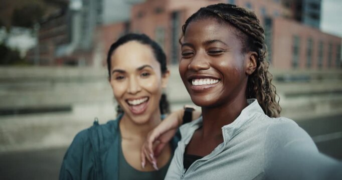 Face, selfie and happy people in city with fitness, exercise break and social media post for memories. Friends, smile and peace sign in urban town with photography, bonding and support for wellness.