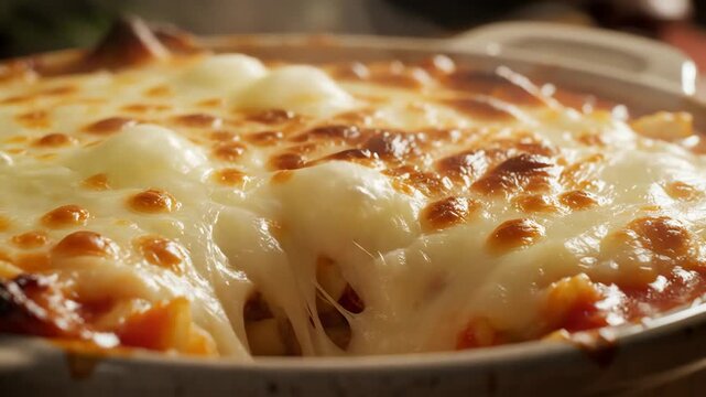 Close up of baked pasta with melted cheese and golden crust