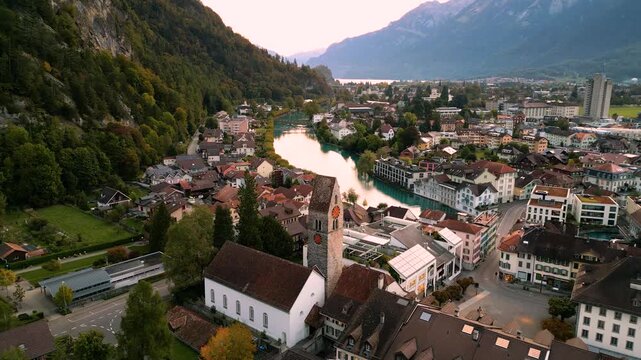 Unterseen, Switzerland in the Interlaken region from above at dawn.