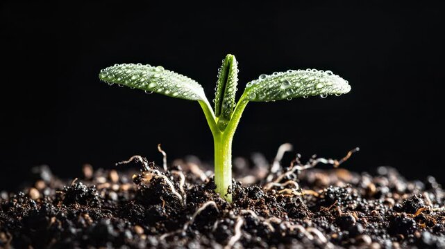 Fresh seedling growth in soil. Nature demonstrates resilience and beauty. Close-up view shows droplets on leaves. This video captures organic growth process in dark environment.