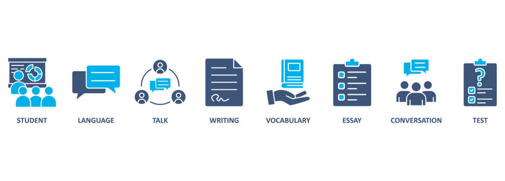 English class banner web icon vector illustration concept with icon of student, language, talk, writing, vocabulary, essay, conversation, test 
