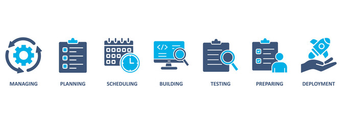 Release management banner web icon vector illustration concept with icon of managing, planning, scheduling, building, testing, preparing and deployment  © Cacacon