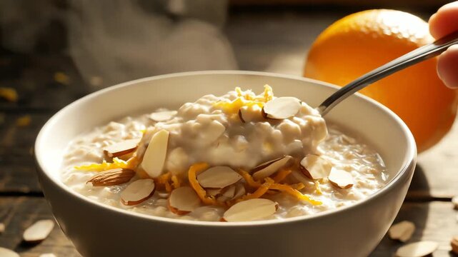 Close up of oatmeal in a white bowl with toppings