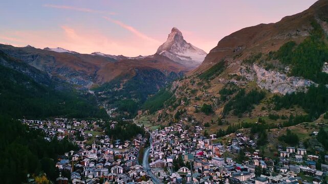 Zermatt, Switzerland Alpine Village with the Matterhorn at dusk.