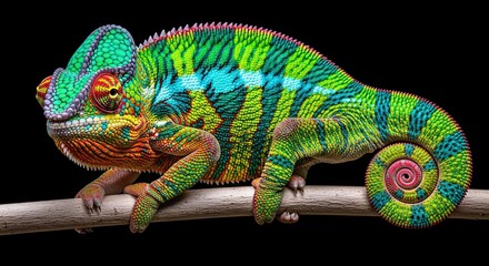 Obraz premium Colorful Chameleon Resting on Branch Detailed Skin Texture Studio Lighting Black Background