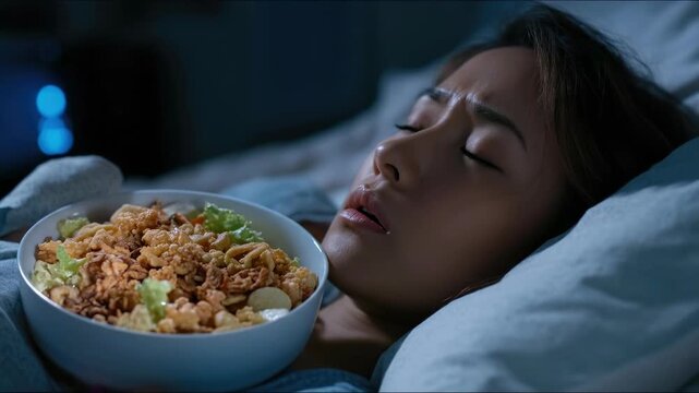 Adult female struggles with late night hunger, craving savory fried food in bed, unhealthy midnight snacking, emotional eating habits, sleep disturbance concerns