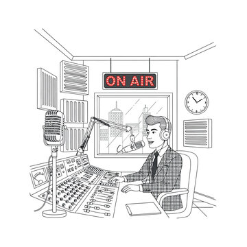 Male Radio Host Broadcasting Live On Air.
