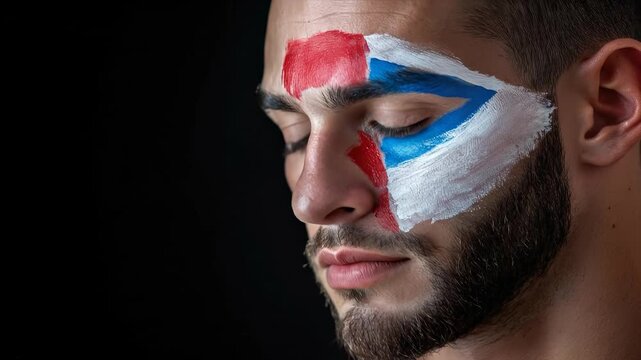 Young Paraguayan man, proudly celebrating national Independence Day holiday, vibrant flag colors vividly painted on his face, showing patriotic spirit, rich cultural heritage