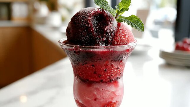 Delicious layered dessert with berries and ice cream in a tall glass