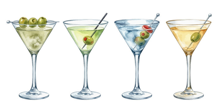 A charming watercolor collection of martini cocktails for bar menus and beverage branding.