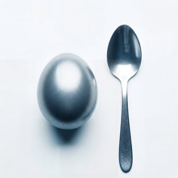 A stylish metal egg and a minimalistic spoon on a white background, a symbol of conciseness and modern design, a photo for culinary and art projects [with a space to copy]