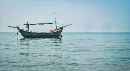 Naklejka premium Small fishing boat on calm sea, peaceful marine and fishing lifestyle concept