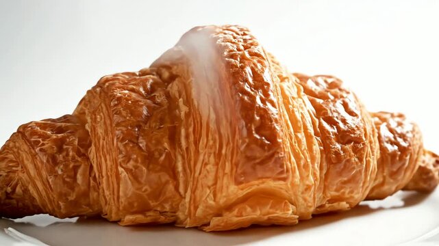 Freshly baked golden brown croissant on white plate isolated