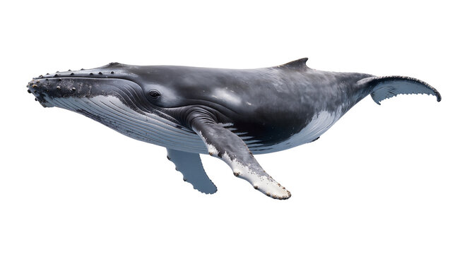 Majestic humpback whale swimming gracefully, its dark grey body and white belly clearly visible, isolated PNG on transparent background, marine life photography