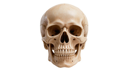 Detailed anatomical human skull, front view, showing intricate bone structure and teeth, isolated for medical and educational purposes © Noah